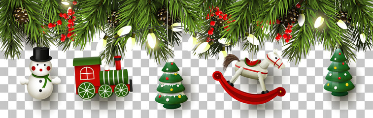 Christmas border with branches and wooden toys