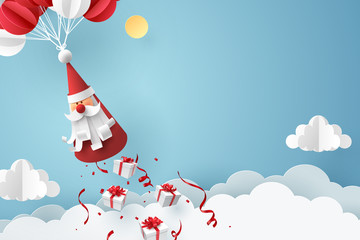 Paper art of Gift box dropping from Santa Claus, merry Christmas and happy new year celebration concept