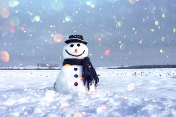 Funny snowman in stylish hat and black scalf on snowy field. DOF bokeh light postprocessing effect. Christmas holiday collage