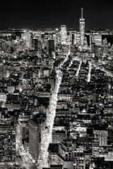 Aerial view of Midtown, Lower Manhattan and Fifth Avenue by night in Black & White. New York City, USA