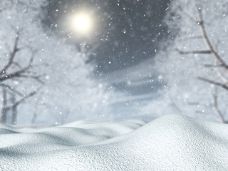 3D snow against a tree landscape in a blizzard