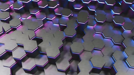 Blue and pink neon uv abstract hexagons, waving motion background. Seamless loop 4K UHD FullHD. 