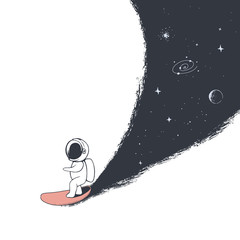 astronaut rides on surfboard