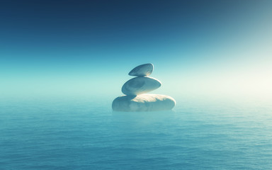 3D landscape with balancing pebbles in the ocean