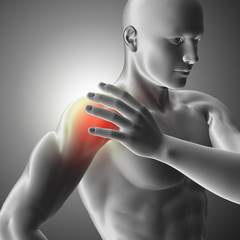 3D medical image with male figure holding shoulder in pain