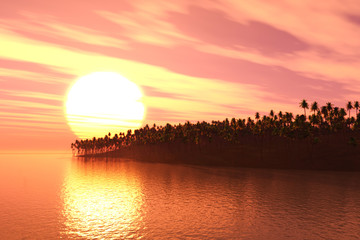 3D palm tree island at sunset