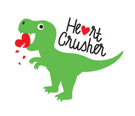 Cute green dinosaur crushing heart. Valentine dinosaur vector illustration.