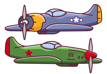 Old military aircraft fighter american.World war 2 Airplanes of USA and Russian.The flat vector isolated.