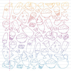 Dairy products. Doodle icons. Diet, breakfast. Milk, yogurt, cheese, ice cream, butter. Eat fresh healthy food and be happy.