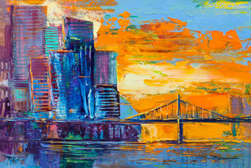 Abstract painting of urban skyscrapers.