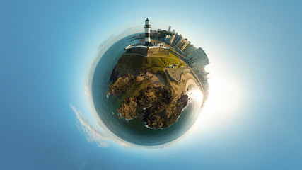 Little Planet of Barra Lighthouse (Farol da Barra) in Salvador, Brazil. It was built in 1698, first lighthouse in the Americas