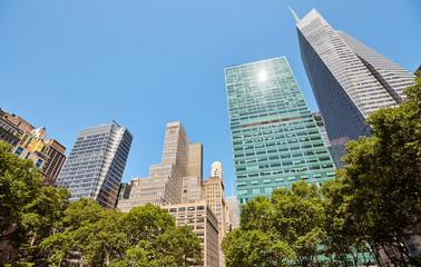 New York skyline seen from the Bryant Park, USA.