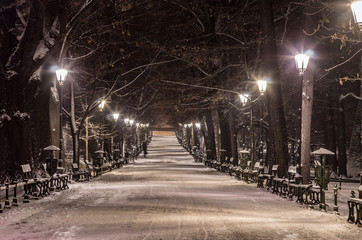 Planty park in the snow, winter night, Krakow, Poland