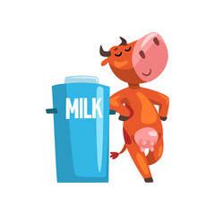 Funny cow with milk can, farm animal cartoon character, design element can be used for advertising, milk package, baby food vector Illustration
