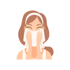 Attractive young woman wiping her face with a towel, girl caring for her face and skin, facial treatment procedure, vector Illustration