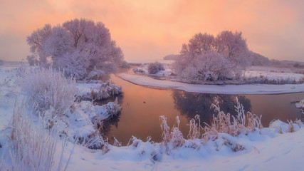 Winter morning. Scenic winter landscape at sunrise