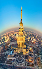 WARSAW, POLAND - DECEMBER 01, 2018: Beautiful panoramic aerial drone view to the center of Warsaw City and Palace of Culture and Science - a notable high-rise building in Warsaw, Poland