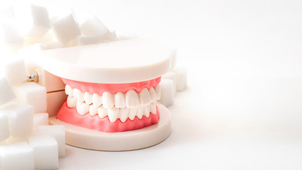 Oral health, tooth decay and sugar destroys the tooth enamel concept with plastic medical model of teeth or dentures surrounded by white sugar cubes with copy space