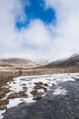 Snow flake beside River from snow ice melt on mountain Landscape view at Zero-Point, fog and mist weather day time