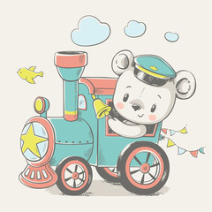 Vector cartoon illustration of a cute baby bear, driving the locomotive.
