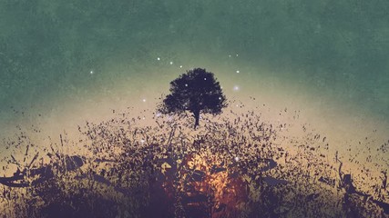 motion graphic of the tree with explosion below, digital painting