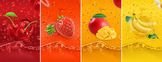 Juicy and fresh fruit. Cherry, strawberry, mango, banana. Dew drops and splash. 3d vector realistic set. High quality 50mb eps