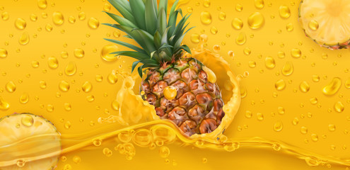 Drops. Pineapple juice. 3d realistic vector