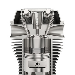 Motor mit Zylindern, Kolben und Zündkerze, isoliert weißer Hintergrund 3D Rendering