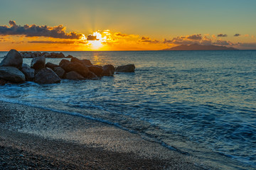 Landscape of sunrise on the sea beach, Santorini, Greece