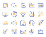 Music line icons. Set of Acoustic guitar, Musical note, Vinyl record icons. Jazz saxophone, Drums with drumsticks, DJ controller. Sound check, Mic, Music making, Electric guitar. Musical note. Vector