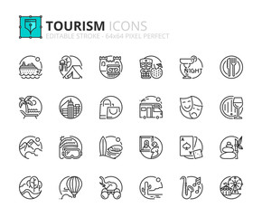 Outline icons about tourism and travel