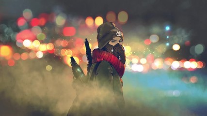 motion painting of a young woman with gas mask in smog city with bokeh light on background, cinemagraph-style