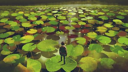 young man on giant lily pad leaf in fantasy swamp, digital art style, illustration painting