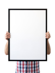 Holding frame mockup. Photo Mockup. The man hold frame. For frames and posters design. Frame size 20x28 (50x70cm).