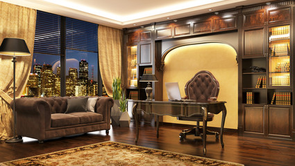 Luxurious classic boss office interior with window and sofa.