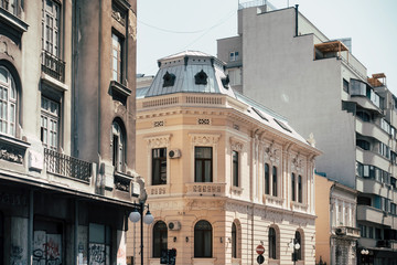 BUCHAREST, ROMANIA - August 28, 2017: antique building view in Old Town Bucharest, Romanian