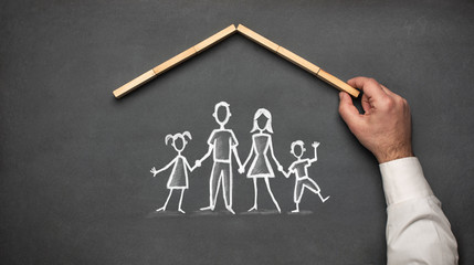 Concept For Family Insurance with Hand Drawn Chalk Illustrations On Blackboard