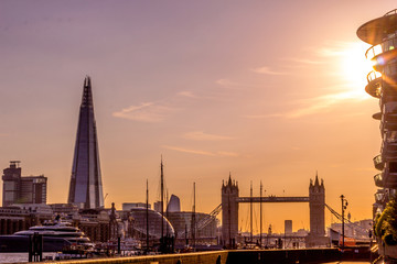 Panorama of London in the sunset with shard and Tower Bridge, London, UK