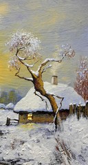 Oil paintings rural landscape. Winter, fine art.
