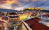 Panoramic view over the old town of Athens and the Parthenon Temple of the Acropolis during sunrise