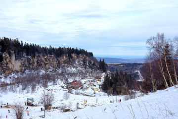 Winter landscape in places of family rest in the mountain.