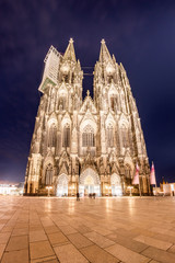 Landmark in Germany, illuminated Cologne Cathedral at night