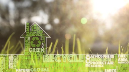 Artistic eco green house symbol drawing with word cloud on sunny countryside field meadow background. 