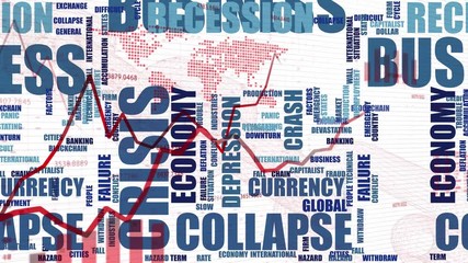 Business crisis word tag cloud with 3d financial business chart, diagrams, graphs and stock numbers on white background.