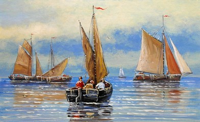 Sailing boat in the sea. Oil paintings sea landscape. Fine art.