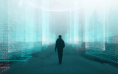 Person and computer cyberspace network with artistic sphere background.