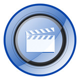 Video round blue glossy web design icon isolated on white background