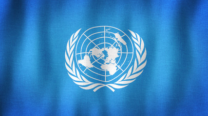 UN flag waving in the wind. Closeup of realistic United Nations flag with highly detailed fabric texture