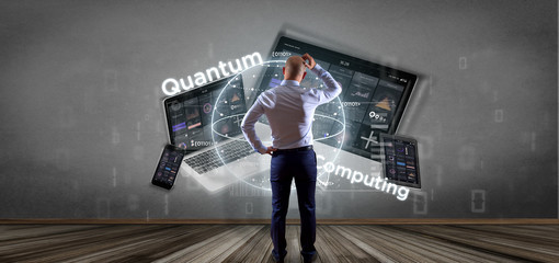 Businessman in front of a wall with Quantum computing concept with qubit and devices 3d rendering
