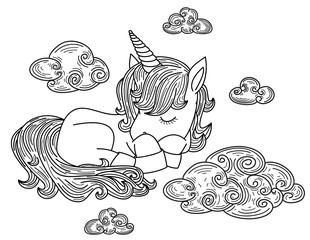 Vector cute, sleeping  unicorn with clouds, black silhouettes for coloring.